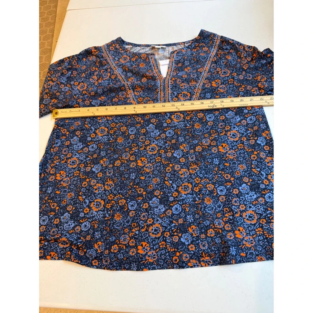 J Jill Large Navy Floral Tunic Top Embroidered Split Neck Cotton Modal NWT new - Picture 8 of 13